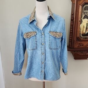 Giorgio Fiorlini Vintage Denim Button-Up Shirt with Leopard Trim, M